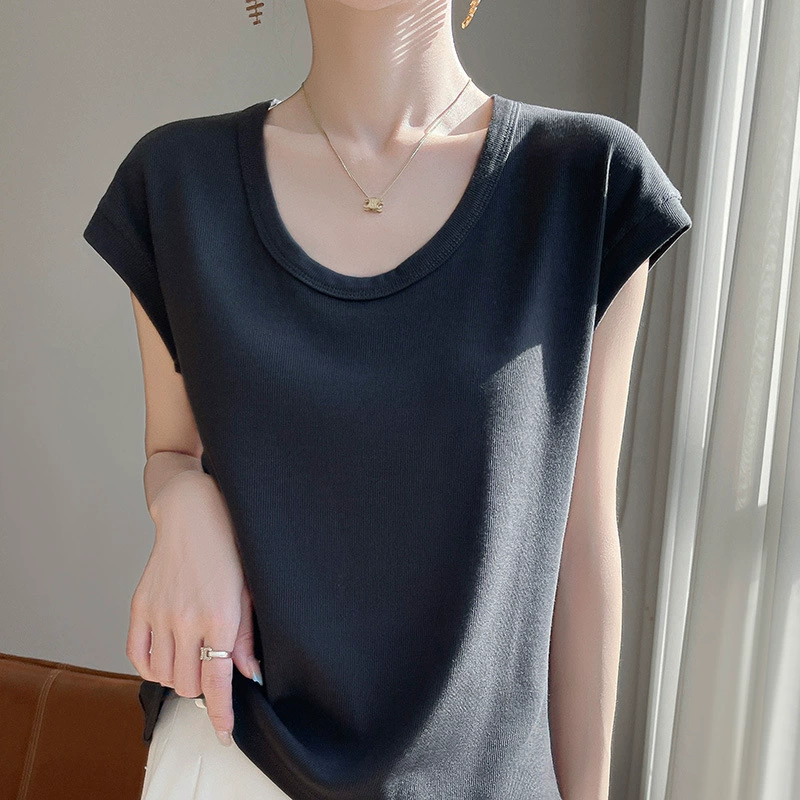 Весенний и летний новый тонкий и дышащий чистый хлопок трикотажный летающий рукав футболка классическая сплошная обложка рыхлый топ