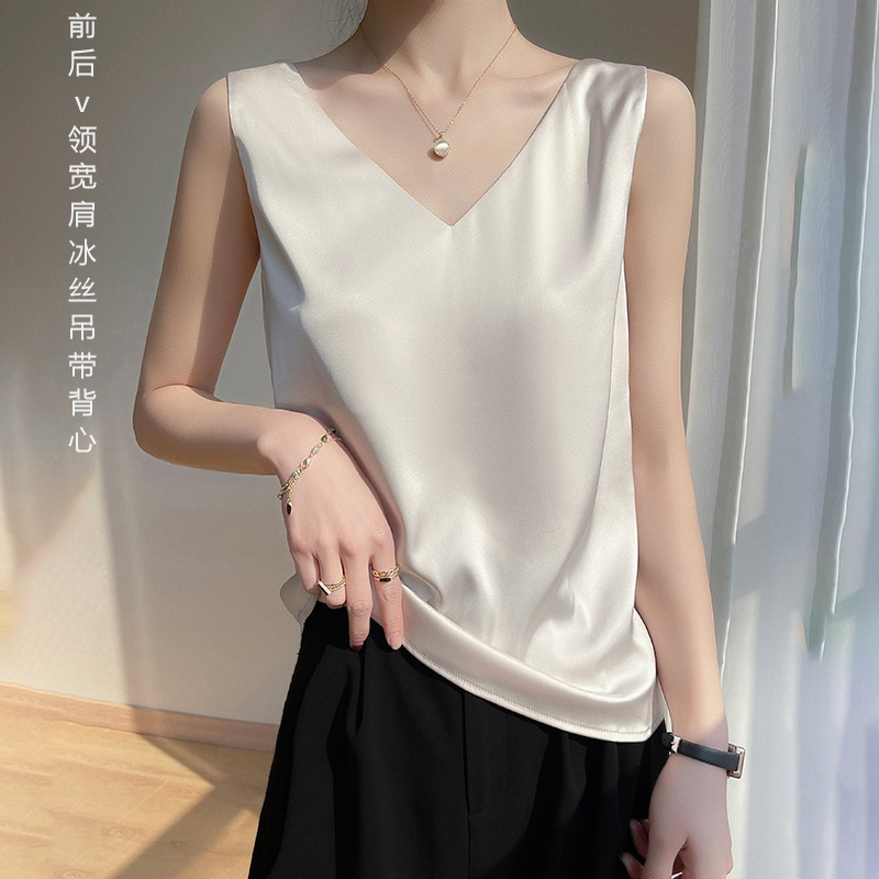 Cross-Border Spring and Pre-Spring V-Neck Wide-Shoulder Camisole Women's Loose Top French-Style Ice Silk Camisole