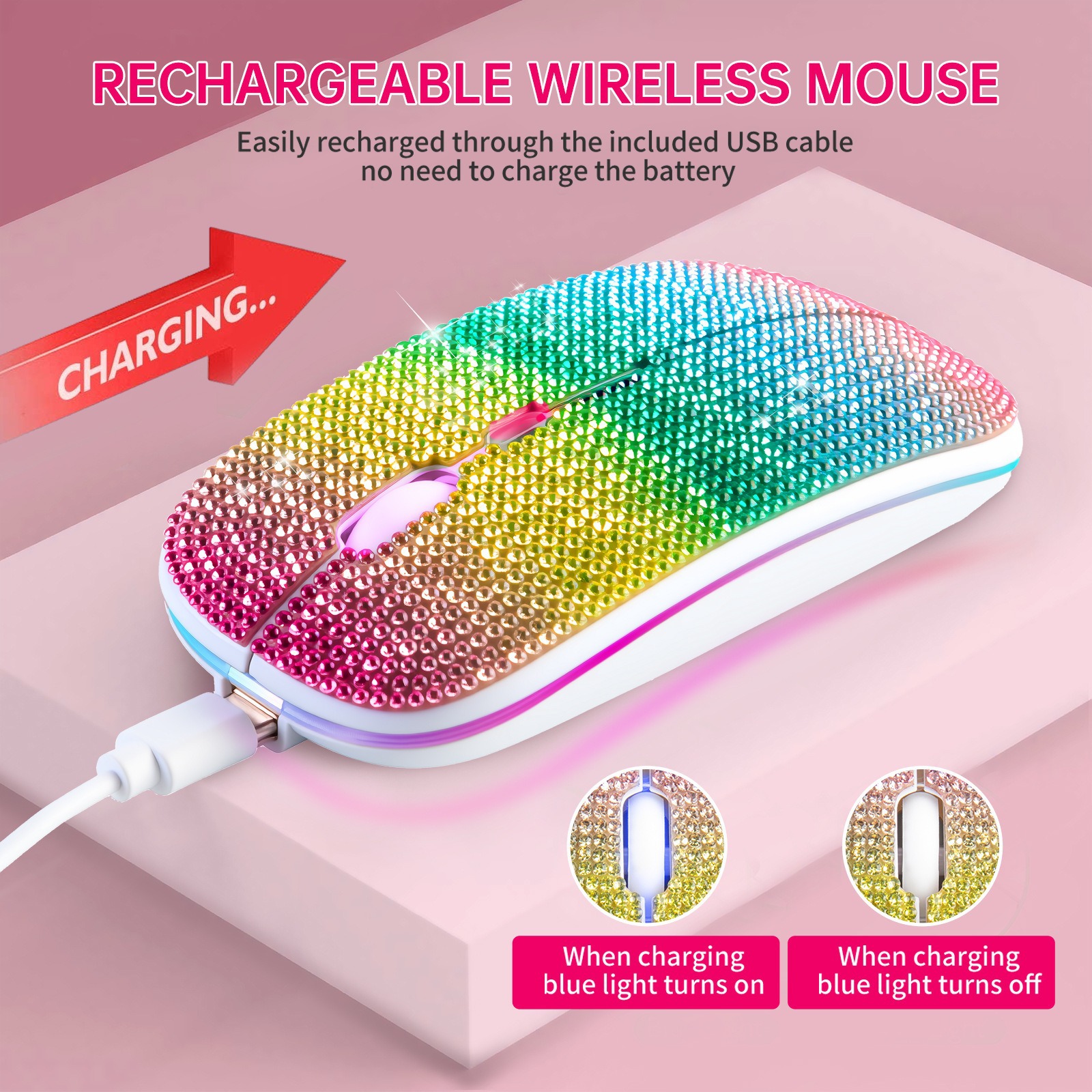 Bling Dazzling Mouse With Rhinestone Embroidery USB Bluetooth Dual Mode Illuminated Rechargeable Silent Wireless Computer Mouse_voghion.com
