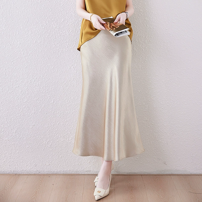 Настоящая фотография ацетатной атласной юбки, длинная юбка с высокой талией, юбка-рыбий хвост, новинка 2025 года, летняя тонкая женская юбка