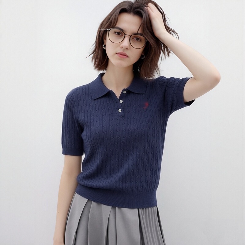 Pony Embroidered Cotton Short-Sleeve Knit Polo Shirt for Women, Cable Knit, Solid Color, Slim-Fit Pullover T-Shirt for Summer Pony Embroidered Cotton Short-Sleeve Knit Polo Shirt for Women, Cable Knit, Solid Color, Slim-Fit Pullover T-Shirt for Summer