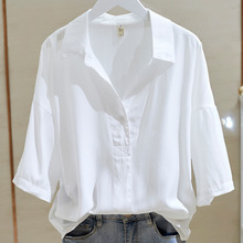 外贸 短袖冰丝棉白衬衫女2024夏季新款韩版宽松洋气v领套头衬衣潮