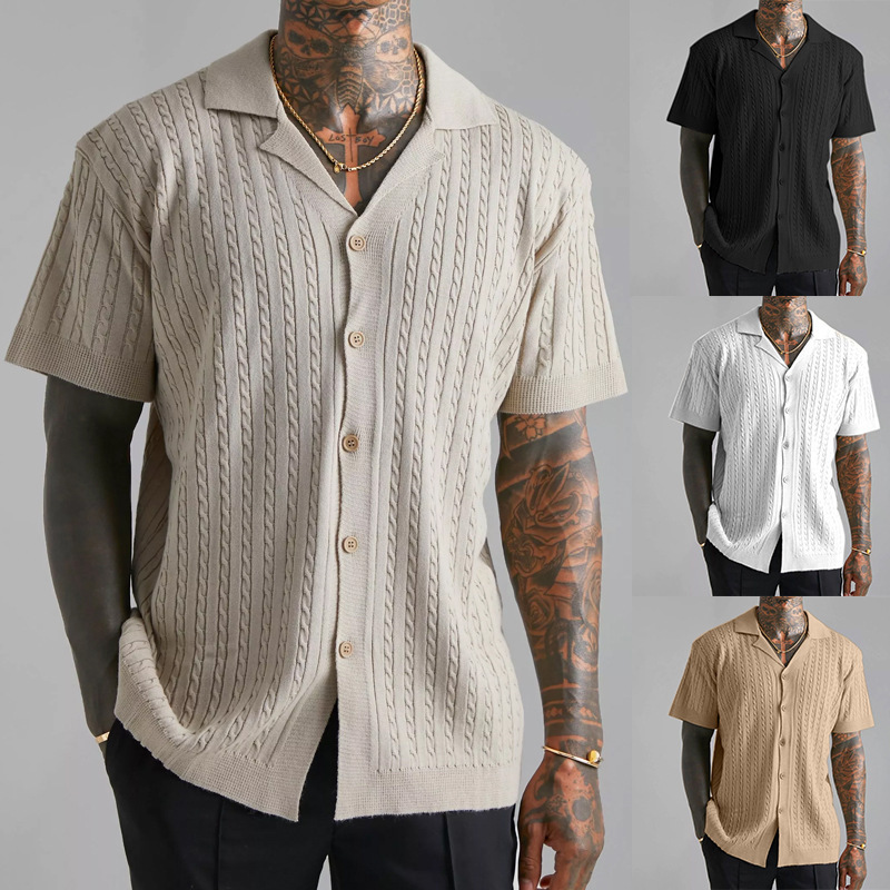 Cross-border Amazon American Retro Men's Knitted Button Short-sleeved Shirt Summer Men's Breathable Short-sleeved Shirt Cross-border Amazon American Retro Men's Knitted Button Short-sleeved Shirt Summer Men's Breathable Short-sleeved Shirt