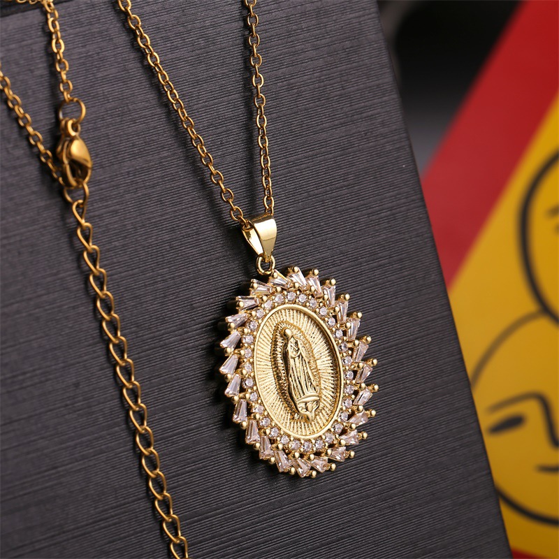 Virgin Mary pendant copper inlaid zirconium necklace wholesale nihaojewelry