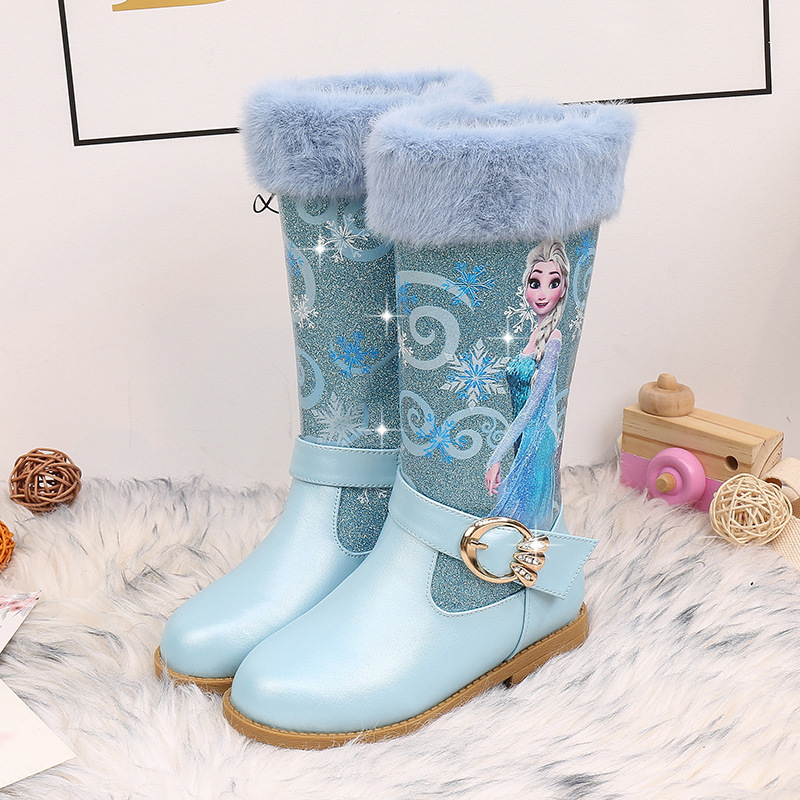 儿童公主靴子秋冬款儿童加绒雪地靴小女孩棉鞋宝宝保暖鞋子爱莎靴