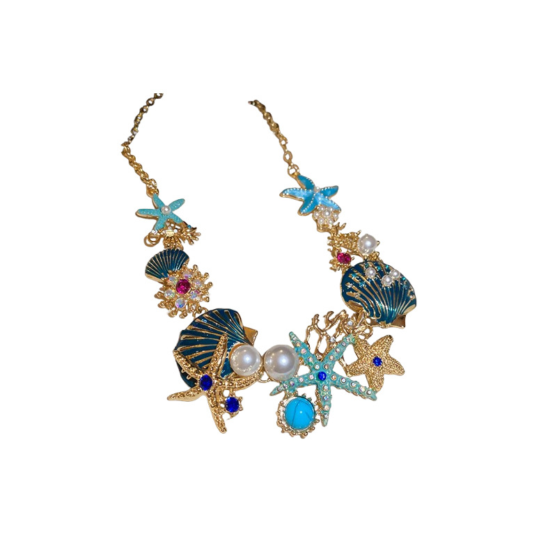 Collar de pendientes de coral de concha de estrella de mar goteando aceite, cadena de clavícula de todo fósforo de moda europea y americana, traje de nicho, lujo ligero, sentido de alta gama