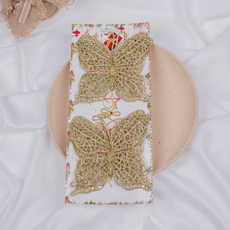 Colgante de Navidad personalizado polvo dorado brillante de plástico mariposa acoplamiento de ventana accesorios de decoración de flores de Navidad simuladas