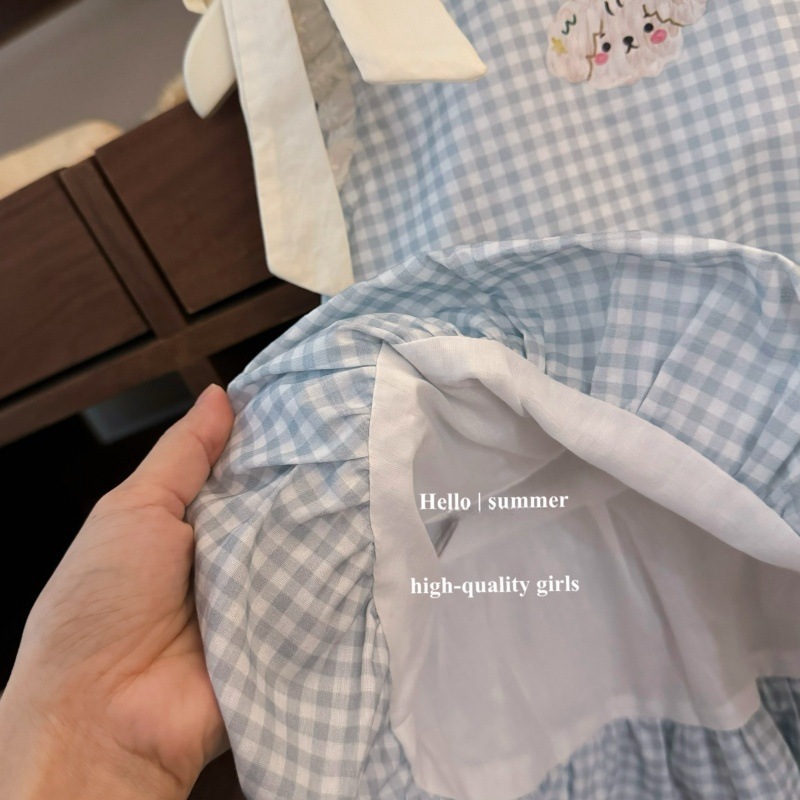 Vestido de siete niñas de limón salado verano versión coreana de dulce lazo azul a cuadros bebé lindo chaleco de capullo de flor falda de moda