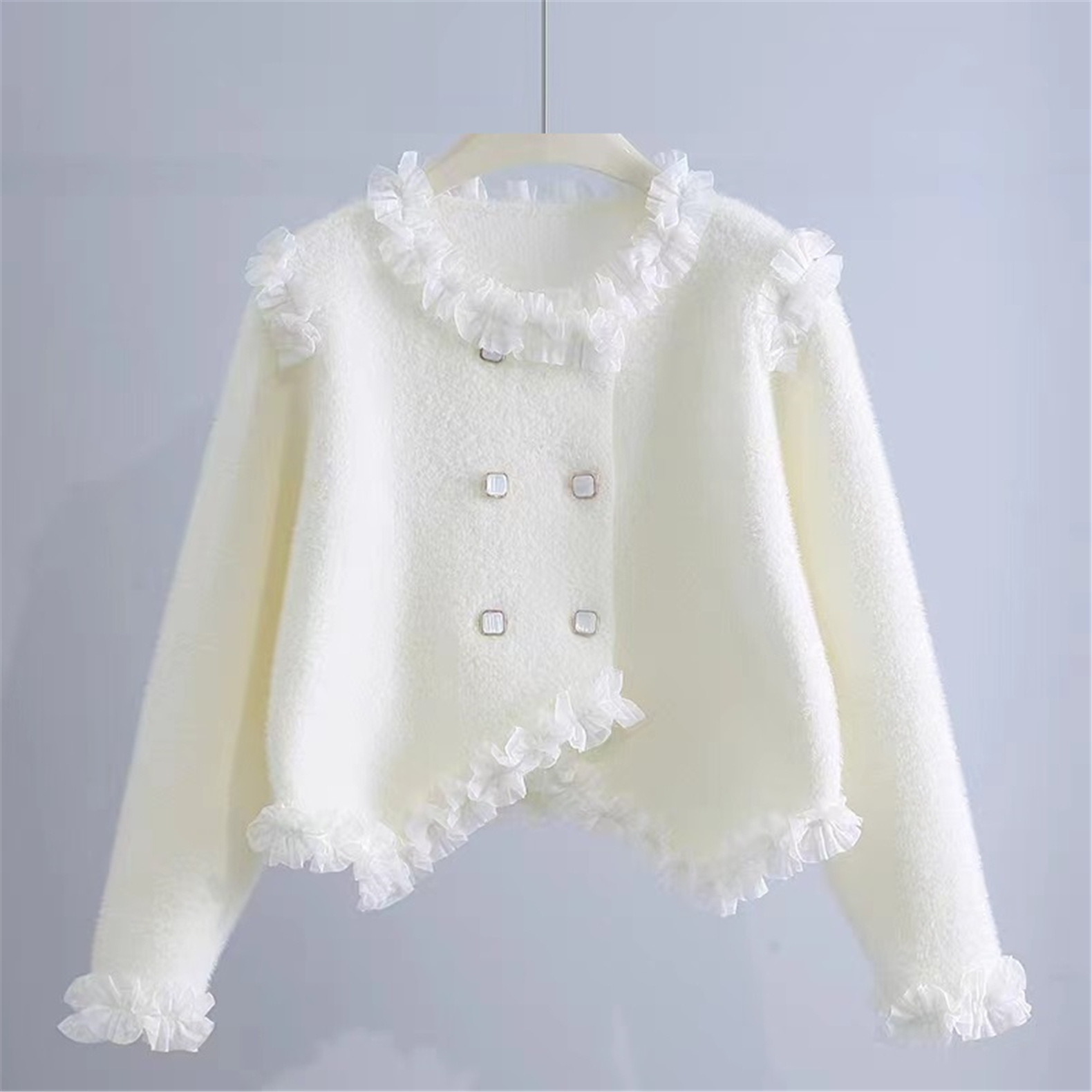 24 invierno Puyuan encantador viento fresco dulce imitación de cardigán de visón cuello redondo suelto camisa de estilo de mujer