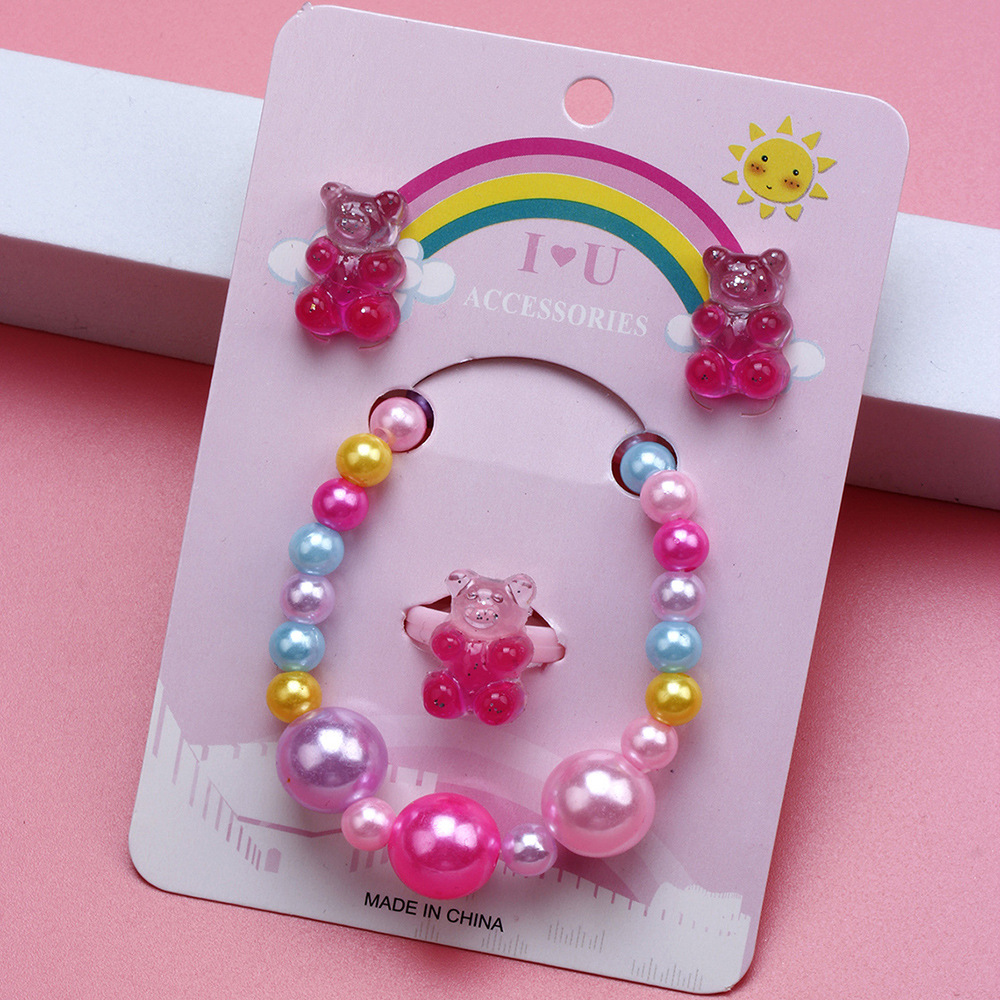Cute Bear Resin Beaded No Inlaid Rings Bracelets Earrings 3 Piece Set