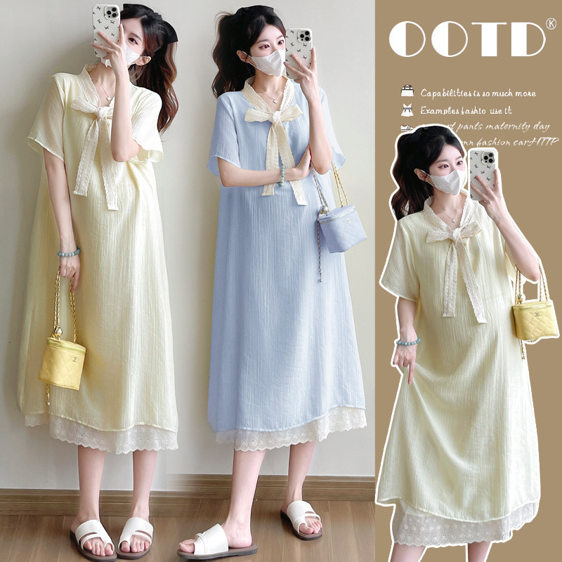 Maternity Wear Summer Dress Trendy Mom New Style French Loose Fit Belly-Covering Plus Size Lace Patchwork Long Dress Summer Maternity Dress Maternity Wear Summer Dress Trendy Mom New Style French Loose Fit Belly-Covering Plus Size Lace Patchwork Long Dress Summer Maternity Dress