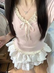 ピンクエッジスプライシング半袖Tシャツ女性用夏のホットガールスリムピュアデューティBMスタイル偽ツーピースショートトップトレンディ