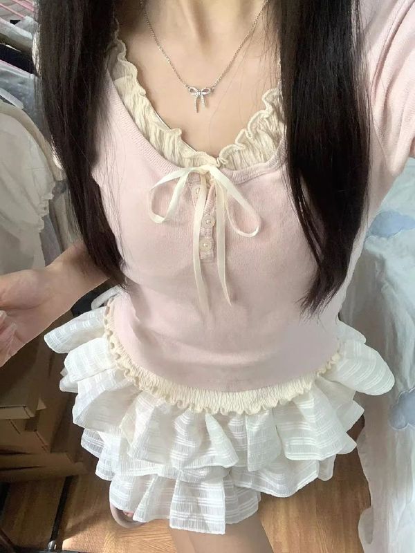 ピンクエッジスプライシング半袖Tシャツ女性用夏のホットガールスリムピュアデューティBMスタイル偽ツーピースショートトップトレンディ|undefined