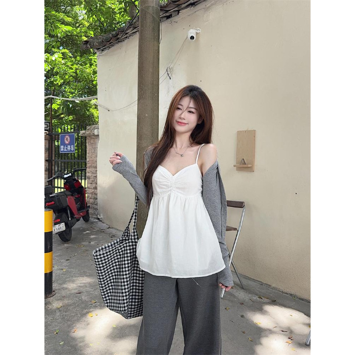 100克棉吊带200克莫代尔外衫针织长袖开衫上衣白色上衣|undefined