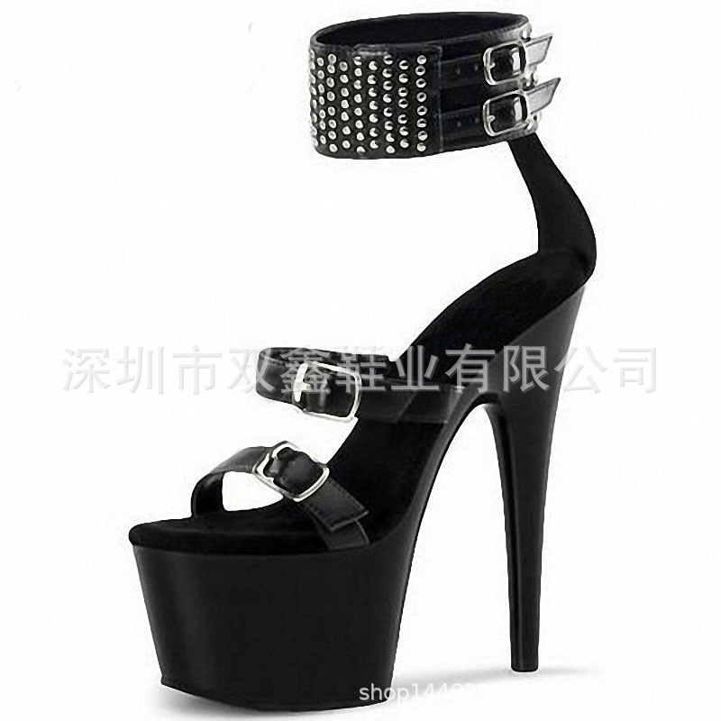 17cm verano cuero maduro tamaño libre tacón de aguja punta redonda hebilla correa trasera orden negro moda sandalias