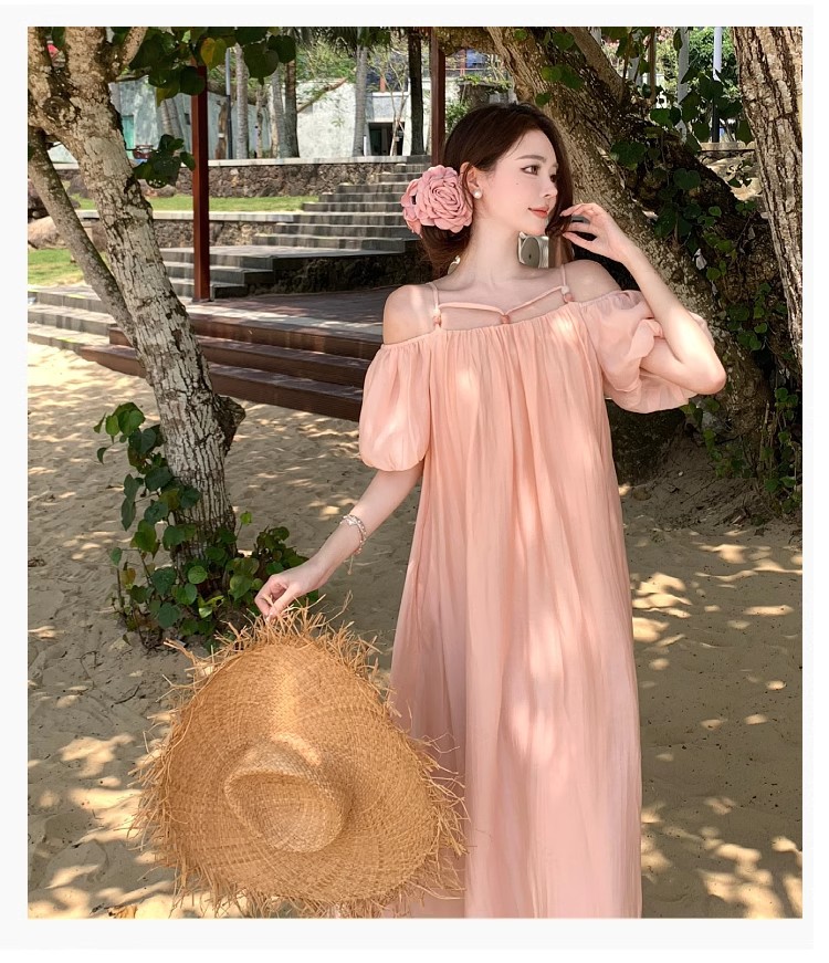 Off Shoulder Short Sleeve Vacation Dress For Summer Holidays_voghion.com