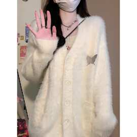 2024新款秋冬季软糯系外穿毛衣女韩版宽松外套女慵懒风仿貂毛开衫