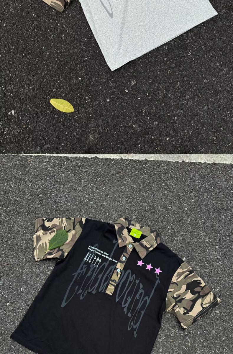 Men's Clothing Men's Hip Hop Camouflage Patchwork Collared Short Sleeve T-Shirt Trendy Streetwear Loose Fit Casual Five Quarter Sleeve For Couples_viptrois.com