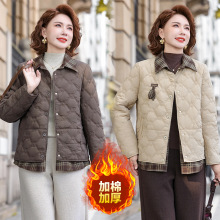 时尚妈妈假两件翻领棉服外套2025冬季新款中年女装休闲百搭薄棉袄