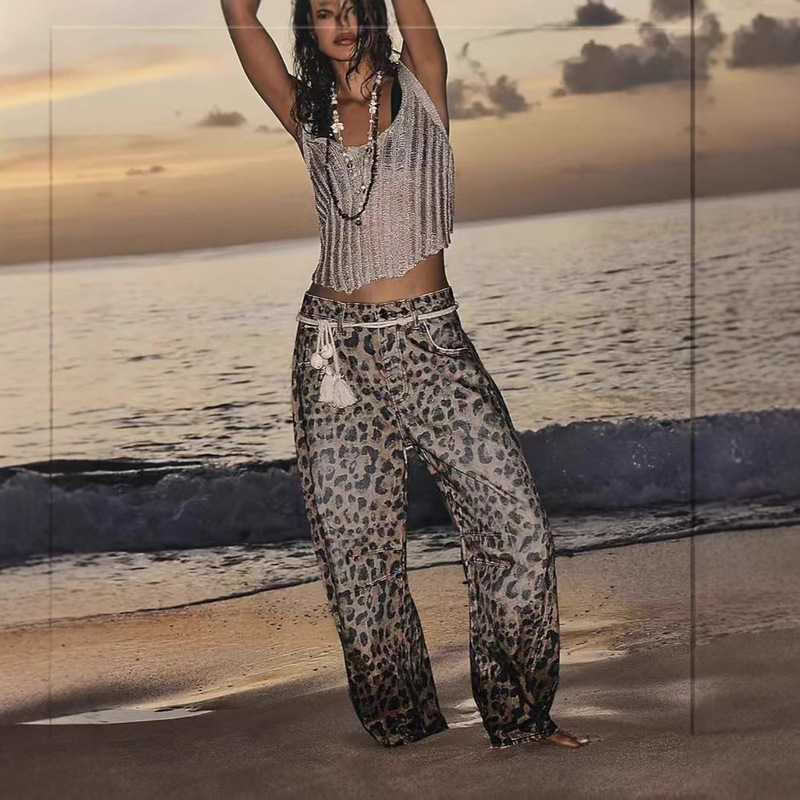 2024 Amazon Europe and America Cross-border 2k High Street Design Leopard Print Jeans Women's Autumn New High Waist Straight Pants