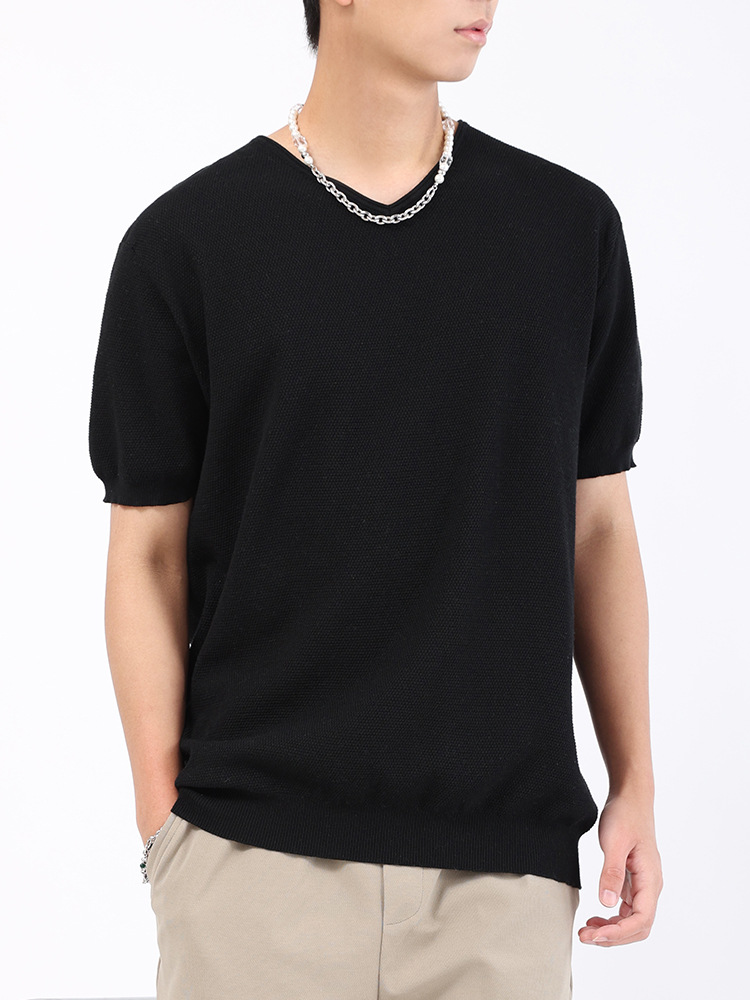 Verano nuevo cuello en V de punto de manga corta hombre relajado transpirable sensación de seda de hielo casual versátil camiseta de punto de color sólido blusa