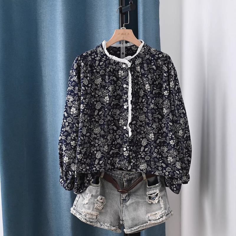 Lace-Trimmed Stand-Up Collar Printed Pure Cotton Brushed Long-Sleeve Shirt 2026 Spring New Vintage Artistic Style Shirt Lace-Trimmed Stand-Up Collar Printed Pure Cotton Brushed Long-Sleeve Shirt 2026 Spring New Vintage Artistic Style Shirt