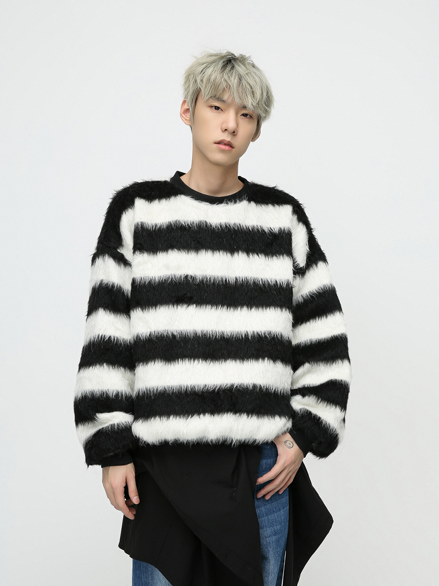 Ropa para hombre MTLCLOTHES | Suéter holgado de estilo coreano con cuello redondo en contraste de color, estilo retro, a rayas y acolchado para hombre.