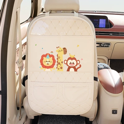 Car Seat Anti-Kick Pad Rear Chair back anti-kick pad - beige-lion-monkey-multi-pocket-style