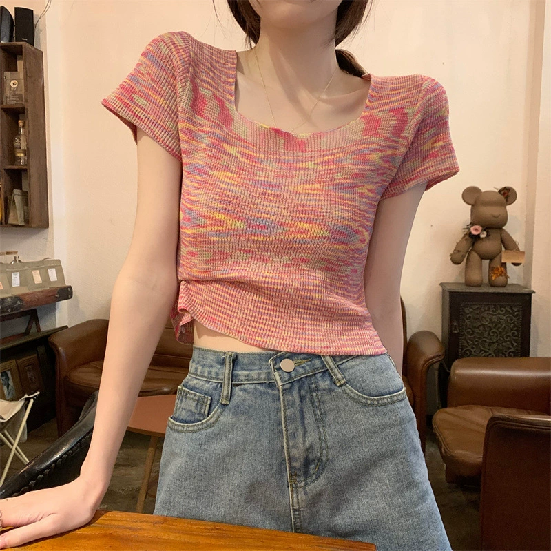 2024 Летний Новый Простой Модный мягкий клейкий свитер с квадратным воротником в Корейском стиле радужного цвета, женская футболка, Топ