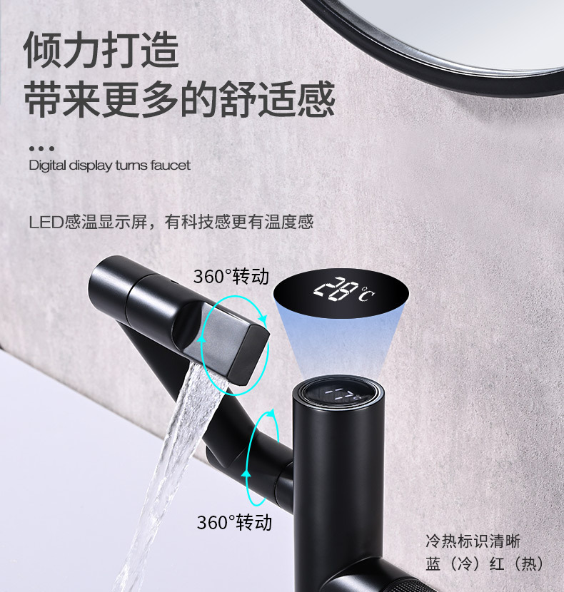 The Maneki Neko faucet shows temperature. It features a full copper swing arm washbasin gun and a gray LED digital display full figure