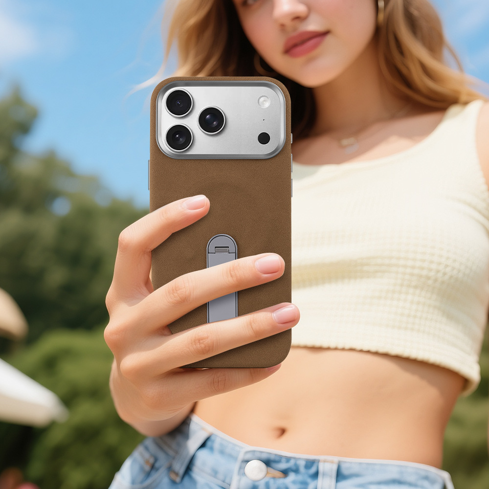 Ốp lưng iPhone 16/17 Pro da lộn từ tính có chân đứng ẩn — màu đen, nâu, màu xám, Kaki chi tiết 11