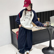 女童卫衣套装2025秋季新款大童韩版插肩袖上衣牛仔弯刀裤两件套潮