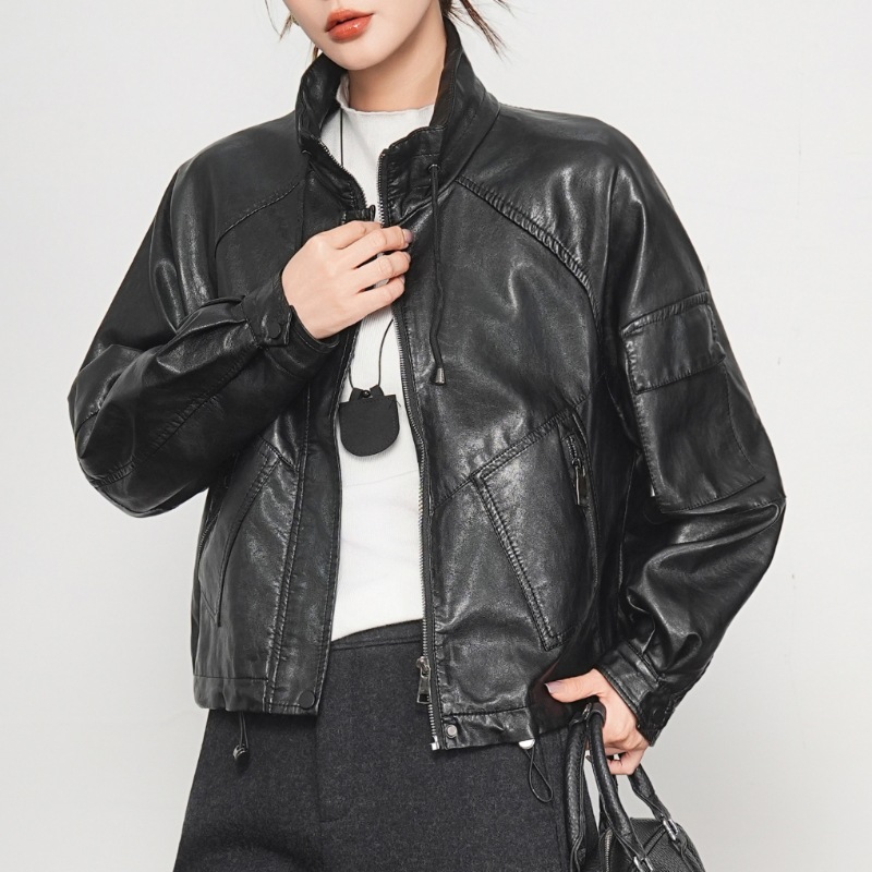 专柜品牌绵羊皮皮衣外套女装秋冬新款时尚宽松短款立领机车服夹克