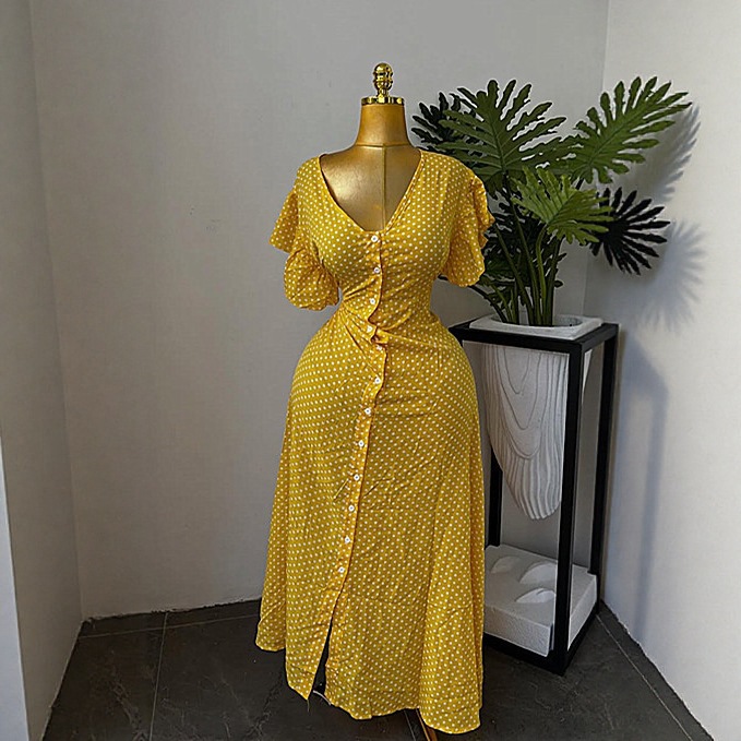 2025 New Autumn and Winter European and American Cross-Border Yellow Polka Dot V Neck Puff Sleeves Waist Slimming Look Sweet and Fresh Dress