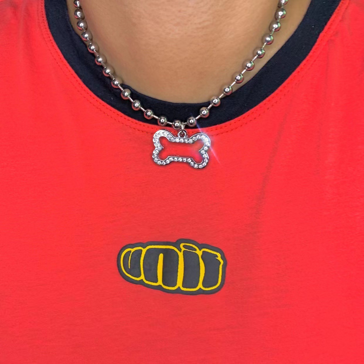 European and American style ins Earth cool disco concave shape rhinestone hollow bone accessories personalized pendant necklace for men and women fashion