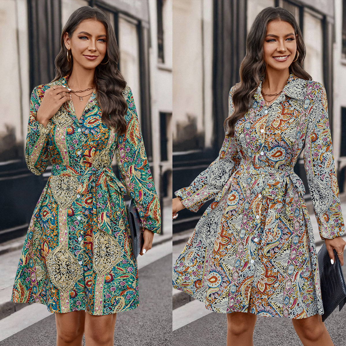 Les femmes vendent des chemises et des robes imprimées à manches longues_voghion.com