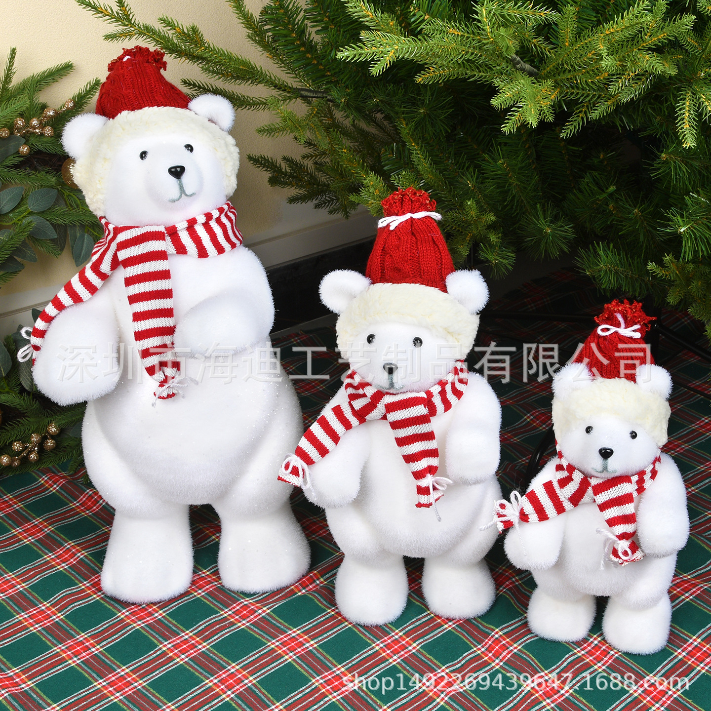 Decoraciones navideñas grandes y medianas pequeñas rojas y blancas flocado osos adornos de ventanas de exposición decoración osos adornos de bebé