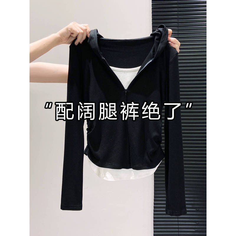 拉链拼接连帽假两件长袖t恤女春秋新款修身显瘦褶皱打底短款上衣|undefined