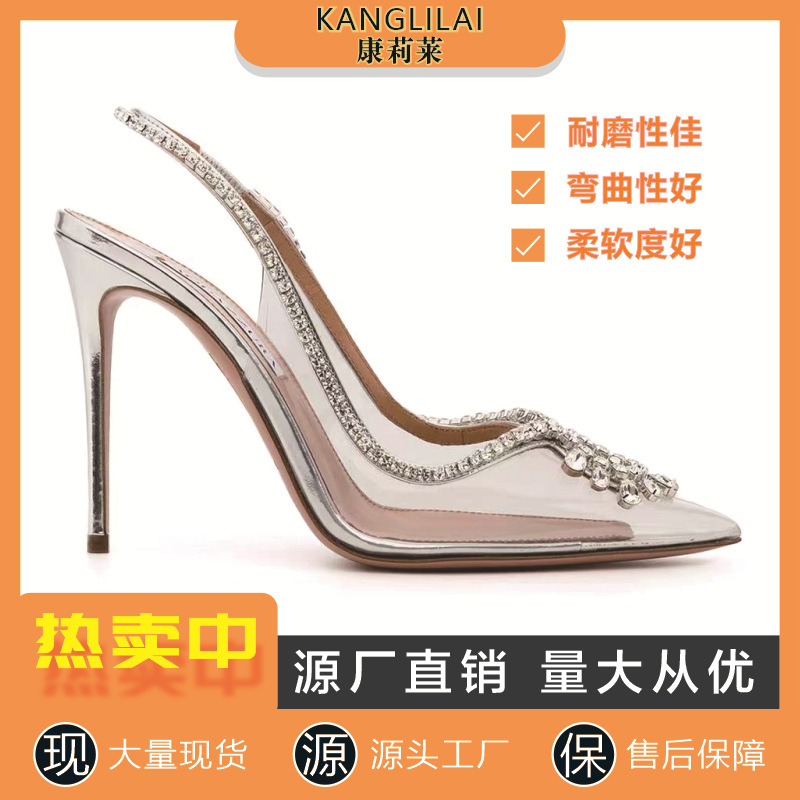 Cross-border wholesale spring and summer new European and American style pointed transparent with rhinestone chain fashion trend thin heel women's shoes