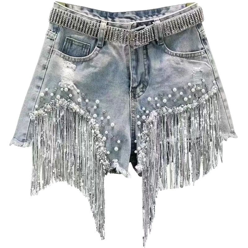 Women's Heavy Duty Rhinestone Denim Shorts High Waisted Slimming Beaded Tassel Ripped Copper 2026 Summer New Style_ecoleips.com