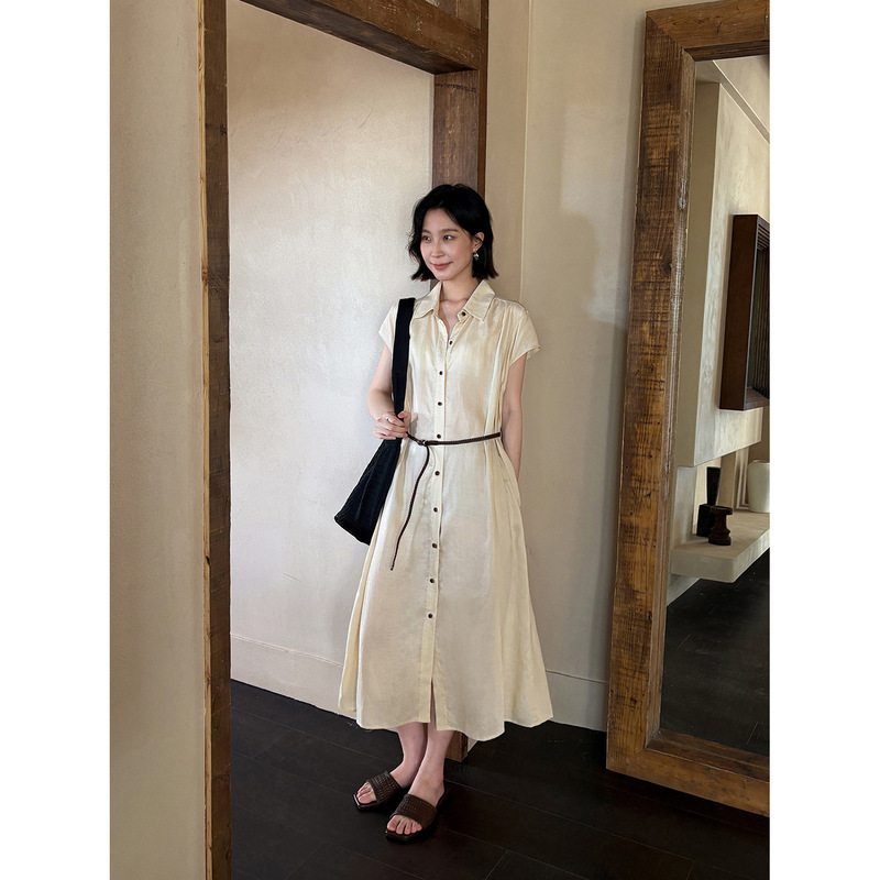 Han Xun Refreshing Vacation Tencel Linen Breathable Belted Shirt Dress for Women 2026 Summer New Style 26904