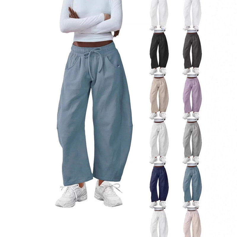 2025 Cross-Border European and American Women's Fashion Amazon Independent Site Summer Sports Pants Drawstring Pocket Cropped Sweatpants
