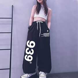 爵士jazz卫裤嘻哈跳舞直筒裤街舞hiphop宽松休闲抽绳阔腿绳裤潮牌
