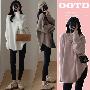 in stock 2024 maternity sweater long sleeve top lazy wind loose round neck autumn and winter new side split top