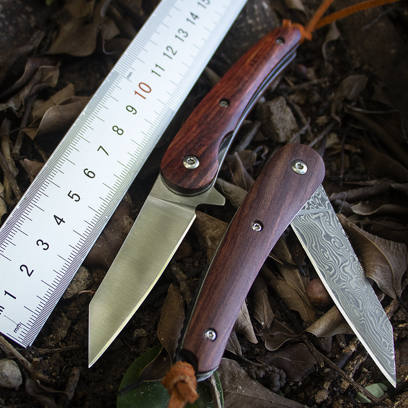 大马士革折刀便携木柄水果刀锻打小刀防身刀具随身锋利野外折叠刀