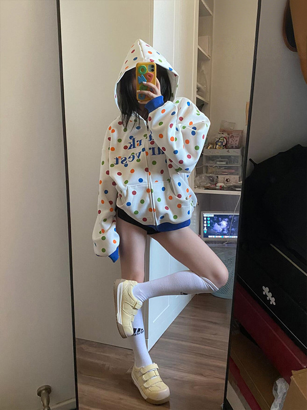 美式高街彩虹波点字母刺绣连帽卫衣女秋季新款设计感小众开衫外套|undefined