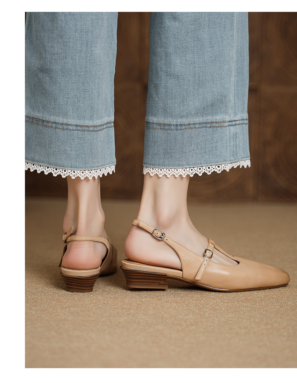 Sandal nữ quai ngang da bò gót vuông 3 cm khóa T — màu trắng ngà chi tiết 6