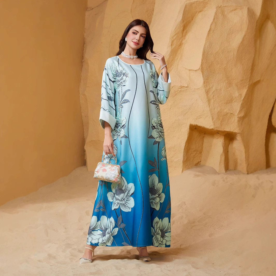 SW2511 Amazon трансграничная электронная коммерция новое мусульманское женское платье с круглым вырезом и принтом из бисера готово к продаже