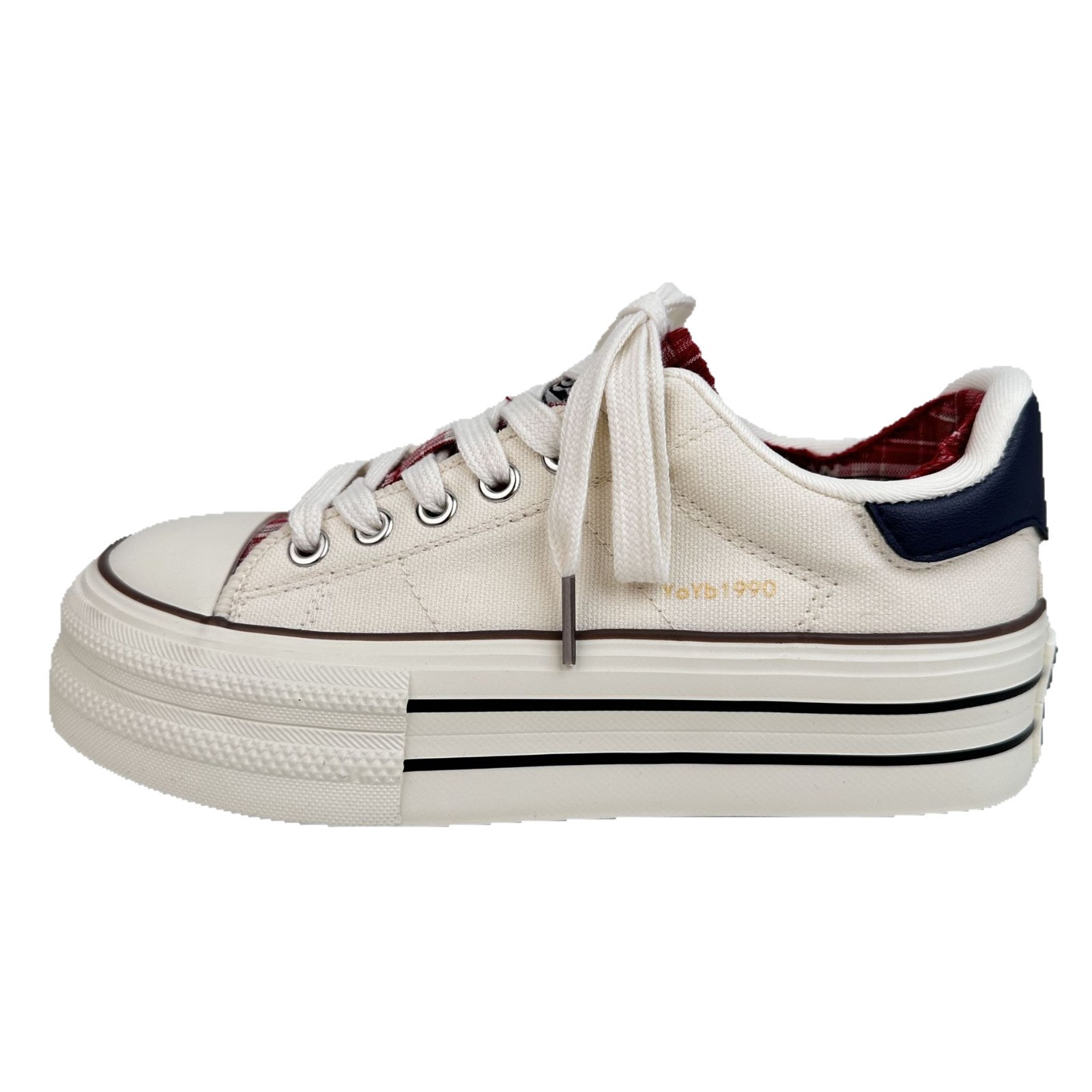 Zapatos de lona de suela gruesa de mujeres Yuanbo 2025 nuevos zapatos de verano transpirables pequeños zapatos blancos casuales a cuadrícula