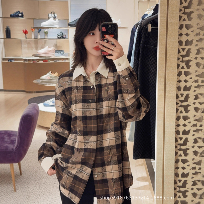 In-Stock and Ready to Ship: Lujia's New Autumn and Winter Loose Full-Print Brown Plaid Flannel Long-Sleeve Shirt, Unisex